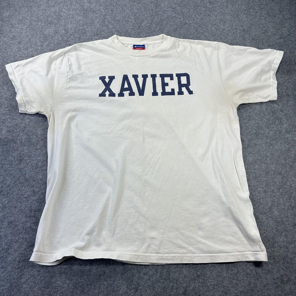 Champion Xavier Shirt Mens XL White College Logo Graphic Tee Cotton Athletic